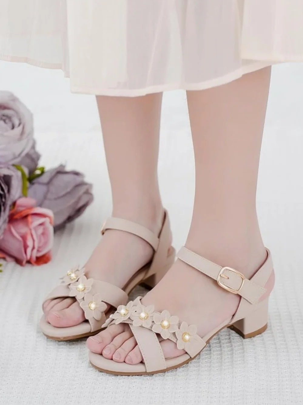 Girl's Floral Accent Dressy Ankle-Strap Sandals - Nude/blush